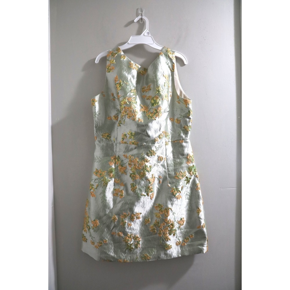 Kourt Kayal Dress Sage Green Gold Floral Metallic V-Neck Mini Dress Size 8 NEW